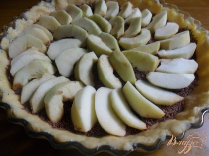 Яблоки вымыть, очистить, удалить сердцевину и нарезать ломтиками. Выложенное в форму тесто посыпать шоколадом (оставить 1,5 - 2 ст л для украшения), выложить веером подготовленные яблоки.
