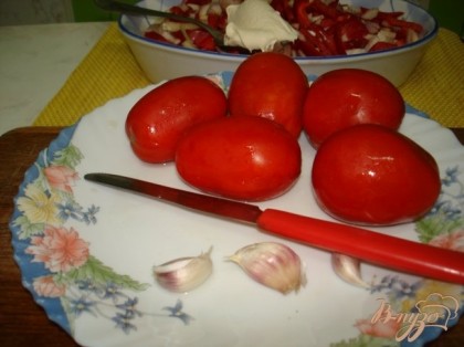 5 помидорчиков порезать полосками, чеснок мелко порубить. Смешать все овощи, посолить и покрыть ними крылышки.