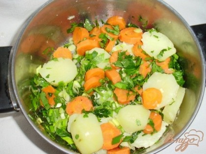 Картофель и морковь очистить и варить в подсоленной воде примерно 15 минут. В конце варки добавить мелко нарезанный зелёный лук. Откинуть овощи на дуршлаг и дать воде стечь. Петрушку вымыть, порубить и перемешать с овощами.Картофель и морковь нарезать кружочками.