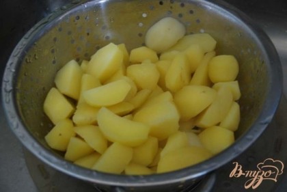 Сливаем картофель на дуршлаг и промываем холодной водой.