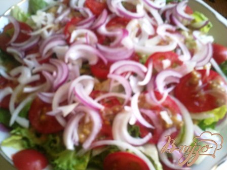 На салат выкладываем помидоры, поливаем заправкой и посыпаем луком.