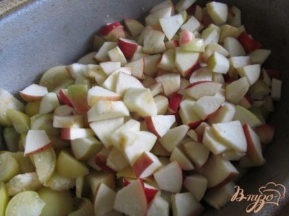 Сложить нарезанные физалис и яблоки в посуду для варки варенья.