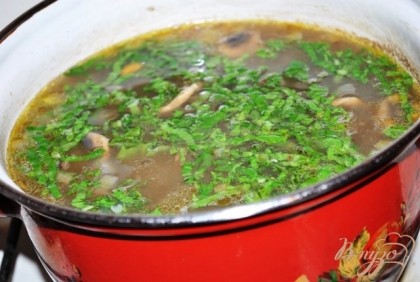 Готовый суп посолите, поперчите по вкусу. Добавьте кориандр, перечную смесь и мускатный орех по вкусу и желанию.В конце варки добавьте мелко рубленую зелень. Снимите с огня, накройте крышкой и дайте супу настоятся и немного остыть.