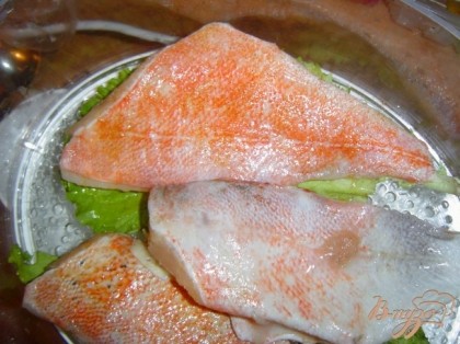 Берем филе морского окуня, моем, посыпаем специями для рыбы и укладываем в пароварку на листья салата.
