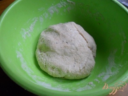 Получившуюся смесь добавить в муку и замесить тесто. Накрыть тесто влажным полотенцем и оставить подходить до увеличения в объёме в два раза.