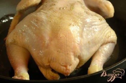 Обжарить курицу на сильном огне, используя сковородку с антипригарным покрытием (в оригинальном рецепте предварительно ножки курочки связывались кулинарной ниткой). Жарить минут 5, курица должна подрумянится. Снять со сковородки.