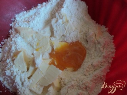 Для песочного теста смешать муку, сахар, соль, добавить порезанное мелкими кусочками масло, желток и ледяную воду. Быстро замесить тесто.