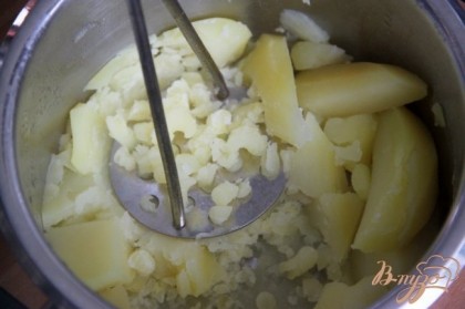 Очистить картофель и отварить его до готовности в слегка подсоленной воде  . Сцедить и размять его. Добавить сливочное масло (20 г).