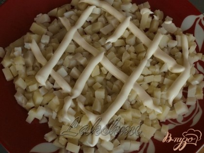 Картофель нарезать кубиками и выложить на блюдо.Сделать майонезную сеточку.