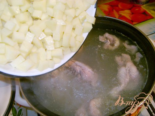 Сварить куриное мясо до полуготовности, посолить бульон, картофель сырой порезать аккуратными кубиками, бросить в бульон и сварить до готовности. Выложить мясо, а картофель оставить в бульоне. Дождаться полного остывания.
