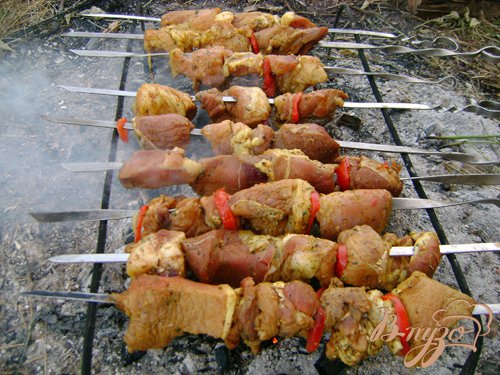 Готово! Далее жарить на углях, нанизав на шампура поочерёдно мясо, лук и помидоры, до золотистого цвета!Приятного аппетита!