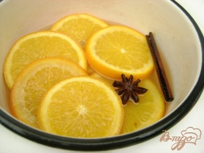 Апельсин нарезать на кольца. Закипятить 9 ст.л. воды, добавить сахарную пудру, корицу и анис, прокипятить и выложить в сироп кольца апельсина. Проварить их, периодически переворачивая, минут 10.