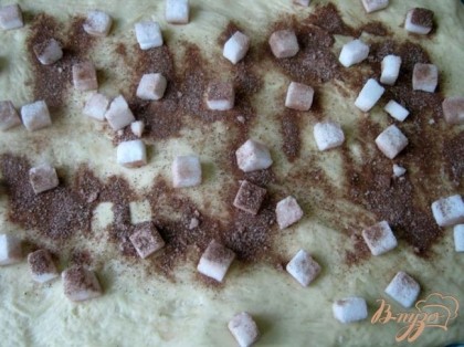 По всей поверхности теста распределить рафинад с корицей (отложите несколько кусочков для украшения), слегка вдавить его в тесто. Форму смажьте маслом, присыпьте сахаром.