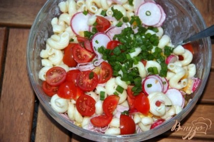 Маринованные огурцы нарезать мелкими кубиками, а помидорки черри - половинками.Добавить овощи и ветчину в салат с сырным соусом и перемешать. Поставить салат пропитываться и настаиваться в холодильник минимум  на 1 час. Если нужно - дозаправить.