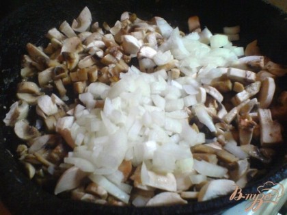 Грибы и лук обжарить на растительном масле.