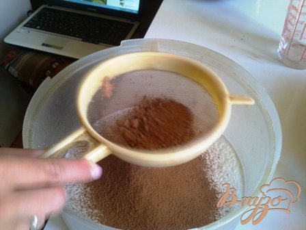 Приготовить генуэзский бисквит Муку (100 г) соединить с какао-порошком (30 г) и 2 раза просеять через мелкое сито..