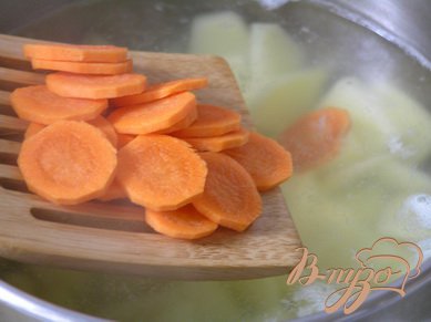 В кастрюле вскипятить 3-3,5 л воды, добавить нарезанный картофель, через 5 минут - морковь,