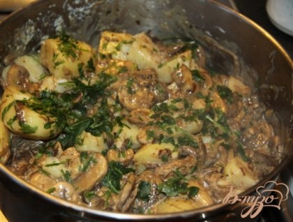 Выложить грибы в кастрюлю с отварным, крупно порезанным картофелем и перемешать.Посыпать свежей петрушкой.