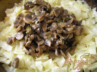Нашинковать капусту, тушить в большой сковороде на растительном масле до мягкости, присолить, добавить грибы, перемешать,