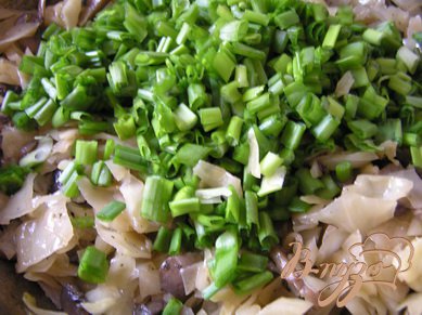 Зеленый лук нарезать, добавить к капусте с грибами, перемешать.