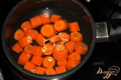 Очистить морковь. Нарезать кружочками. Отварить в соленой воде, с добавлением масла, до готовности
