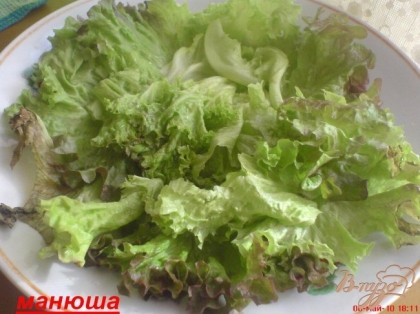 Листья салата порвать руками и выложить в салатницу или тарелку.