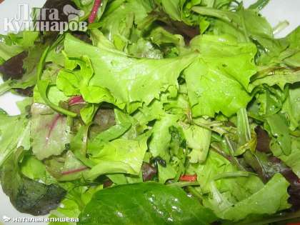 Смесь салатов 3-4 видов (айсберг, рукола, лола -роса ,молодые листья свеклы) вымыть выложить в блюдо.