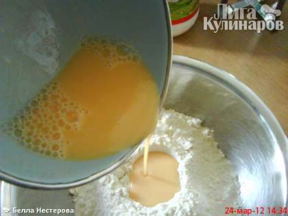 В чашку высыпать муку, яйцо с молоком взбить, добавить соль; яичную смесь влить в муку