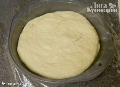 Смазать большую миску тонким слоем оливкового масла. Положить тесто в миску, накрыть полиэтиленовой пленкой и поместить  его на 30 минут в теплую (но не включенную) духовку, чтобы дать подняться.
