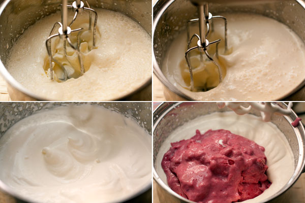 Охлажденные сливки хорошо взбейте до густой плотной пены, добавьте ягодное пюре.