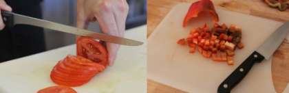 Овощи, помидоры и сладкий перец, тщательно промыть, обсушить, используя бумажное полотенце и нарезать. Помидоры порезать кольцами. Из перца удалить сердцевину с семечками, разрезать пополам, а затем кубиками.