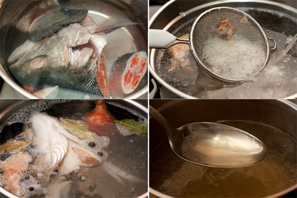 Первым делом готовим бульон. У рыбы отрежьте голову, удалите у нее жабры и глаза. Отделите филе и отложите. Если рыба крупная, то используйте только часть филе, а остальное пригодится для других блюд.  Положите голову, хвост, кожу и скелет в кастрюлю, залейте чистой холодной водой, чтобы покрыть рыбу, и доведите до кипения на большом огне. Снимите пену, убавьте огонь до среднего, положите очищенную морковь, луковицу, перец и лавровый лист.  Варите при слабом кипении 30 минут, затем удалите все из бульона, а бульон процедите.
