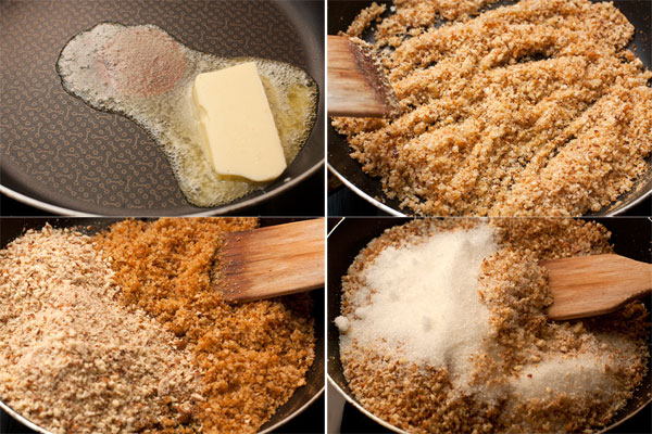На сковороде растопите сливочное масло, обжарьте в нем хлебные крошки в течение 2 минут, затем снимите с огня и добавьте измельченный миндаль и сахар.   Перемешайте до однородности и отставьте в сторону.