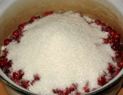 Затем пересыпьте красную смороду в тазик или другую глубокую емкость. Засыпьте  сахаром и оставите, пока ягода не даст сок.  Если вы хотите, чтобы процесс прошел быстрее, тогда поставьте красную смородину с сахаром на очень слабый огонь. Иногда встряхивайте емкость с массой.