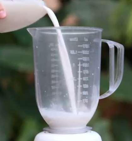 Кокосовое молоко следует вылить в блендер или шейкер. Можно заменить его кокосовым сиропом, однако тогда вам понадобиться еще 50 мл сливок 10 %.