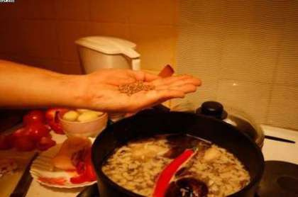 Высыпьте зиру и кориандр в казан, только не слишком много, иначе специи перебьют вкус. Оставьте суп вариться на слабом огне примерно на час.