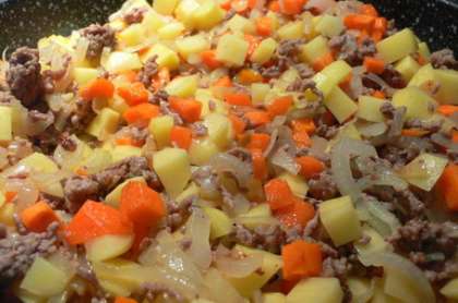Нарежьте кубиками морковь и картошку, добавьте их к фаршу. Жарьте минут 5, постоянно помешивая. Залейте мясным бульоном или просто водой, посолите по вкусу и тушите около 10 минут.