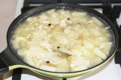 Когда лук станет золотистого оттенка, выложите к нему картошку, добавьте черный душистый перец горошком, лавровый лист и 1 ч.л. сушеного базилика. Влейте 2 стакана воды. Она должна покрывать содержимое сковороды как показано на фото. Перемешайте и убавьте огонь. Тушите блюдо, накрыв крышкой, около 10 минут до полуготовности картофеля.