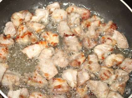 Хорошо разогрейте растительное масло и обжарьте в нем кусочки мяса, пока они не покроются лаковой корочкой.