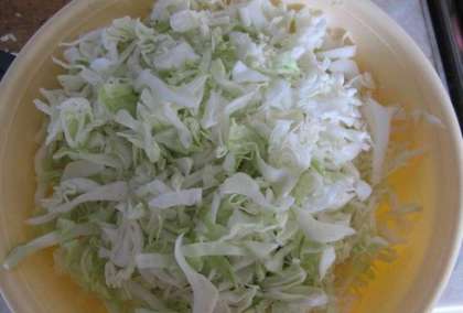 Нарежьте половину кочана капусты в глубокую миску.