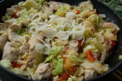 Мелко нарежьте репчатый лук и добавьте в сковороду с капустой, курицей и помидором за 5 минут до готовности блюда. Готовое блюдо подавать с зеленью.