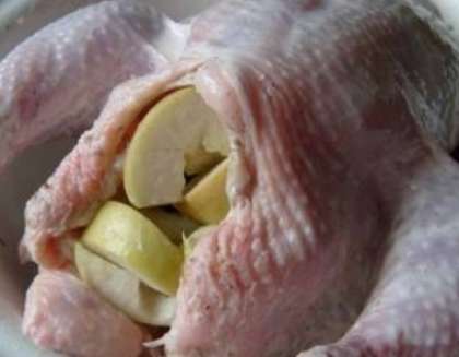 По прошествии двадцати минут достаньте яблоки из маринада. Далее возьмите курицу и нафаршируйте ее яблоками. Закрепите деревянными шпажками брюшко тушки, ножки курицы свяжите вместе.