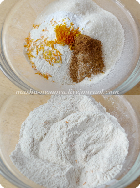 Стандартно для приготовления маффинов - в отдельной миске смешиваем сухие ингредиенты: мука. сахар, специи и апельсиновая цедра. Тщательно перемешиваем.