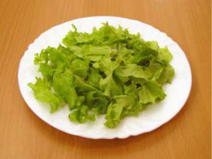 Листья салата промойте. Стряхните лишнюю воду. Порвите руками зеленый салат на кусочки. Можно порезать полосками, но не очень мелкими.