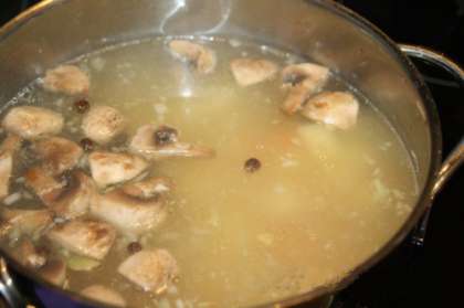 Тем временем нужно нарезать пластинками и обжарить на оливковом масле, чтобы сок выпарился полностью. Затем добавить грибы в суп и варить их не более 10 минут. Перед тем, как добавлять грибы нужно вынуть курицу и нарезать ее на порционные куски, вернуть снова в бульон.