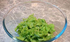 Затем возьмите зеленый салат, вымойте и высушите его. Порвите руками в салатницу. Можно порезать красивыми крупными полосками.