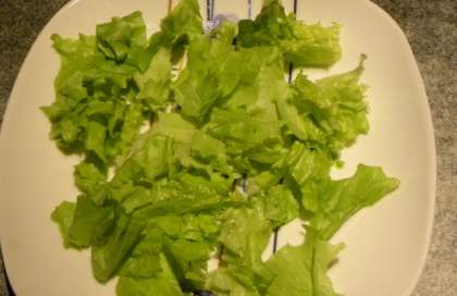 Листья салата помойте и порвите руками. Разложите на порционные тарелки - 2 листа на 1 порцию.