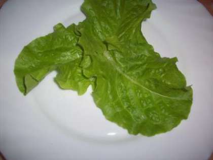 На плоское блюдо положите листья салата.
