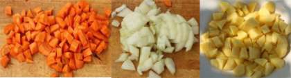 Картофель нарезаем небольшими кубиками, закладываем в кастрюлю. Через 10 минут добавляем натертую на терке с крупными отверстиями морковь и мелко нарезанный  и предварительно спассированный лук.