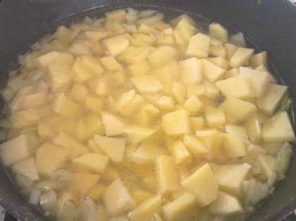 Даем закипеть бульону, а потом добавляем порезанный кубиками картофель.